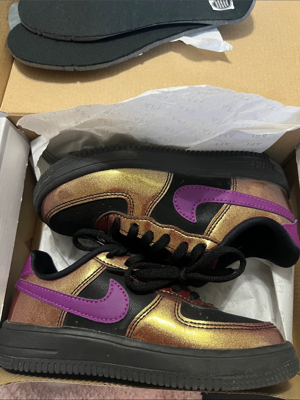 Nike Kids Metallic Gold and Purple Swoosh Sneakers